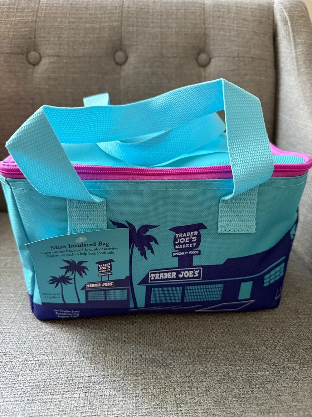 Mini Insulated Lunch Bag - Turquoise with Pink Zipper